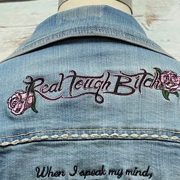 RTB Real Tough B itch Denim Jacket LARGE Biker Babe Blue Jean Embroidered Bling - Picture 6 of 12